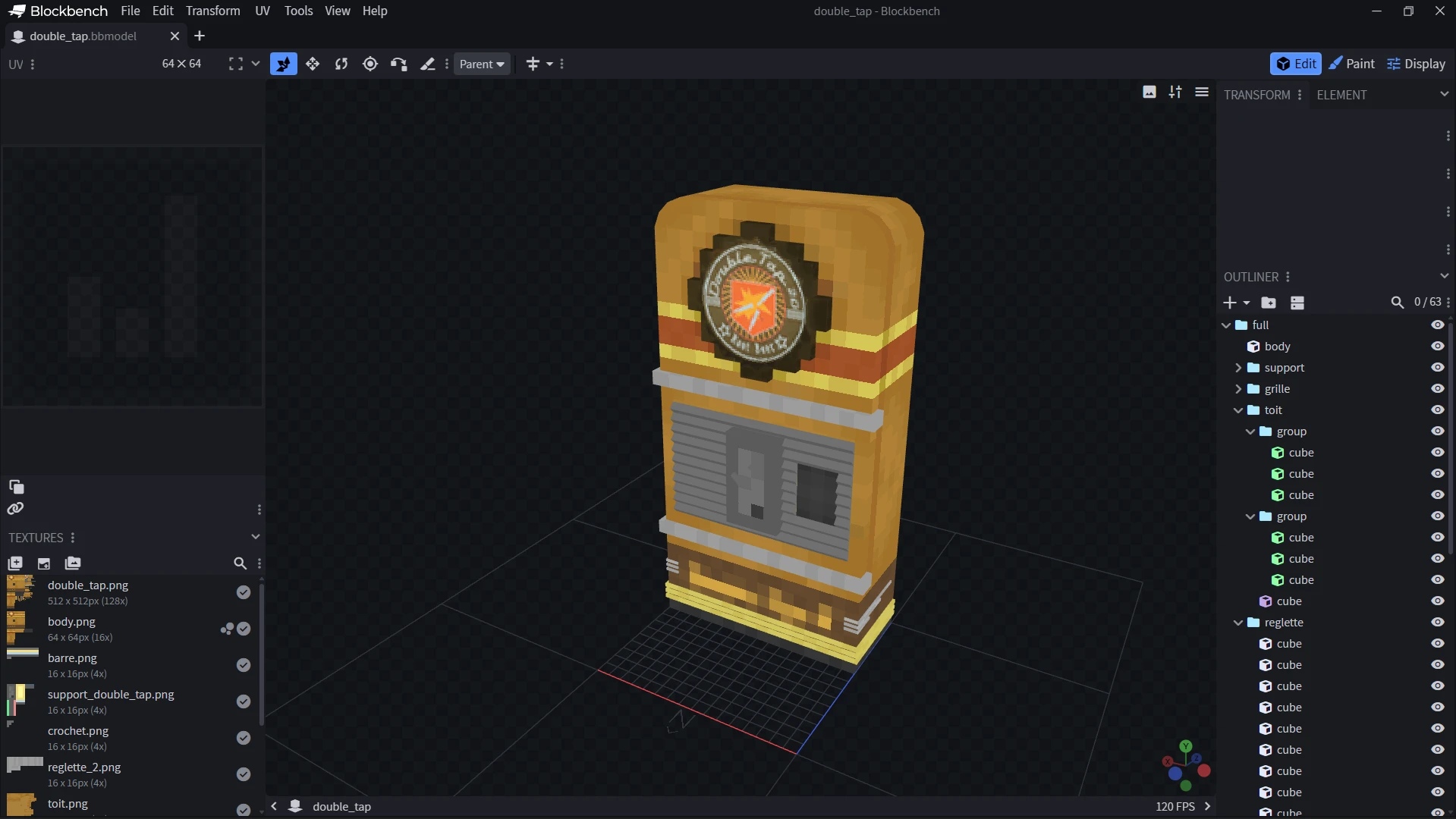 Machine de double coup modélisée en 3D sur Blockbench