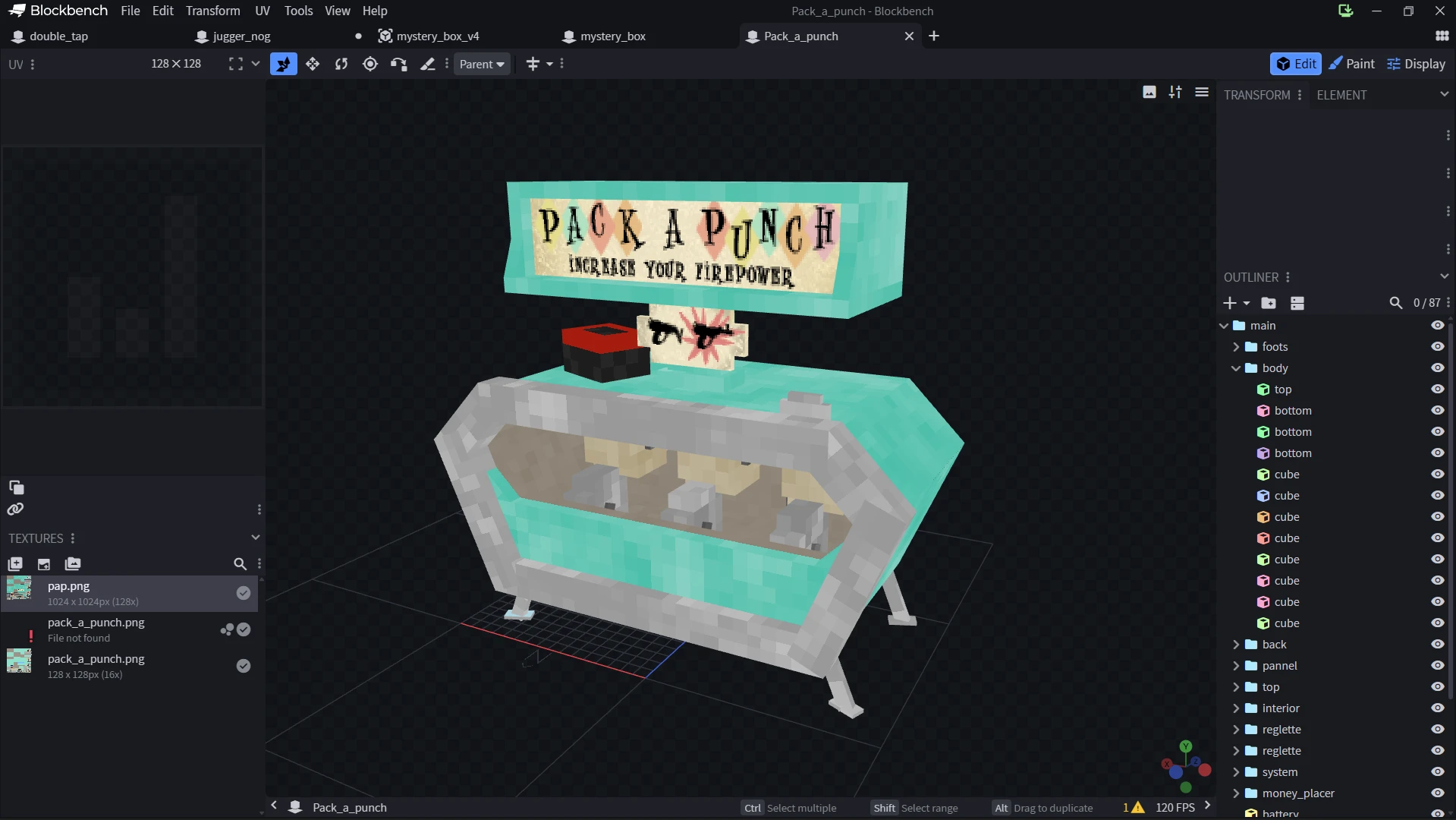 Machine de Pack a Punch modélisée en 3D sur Blockbench